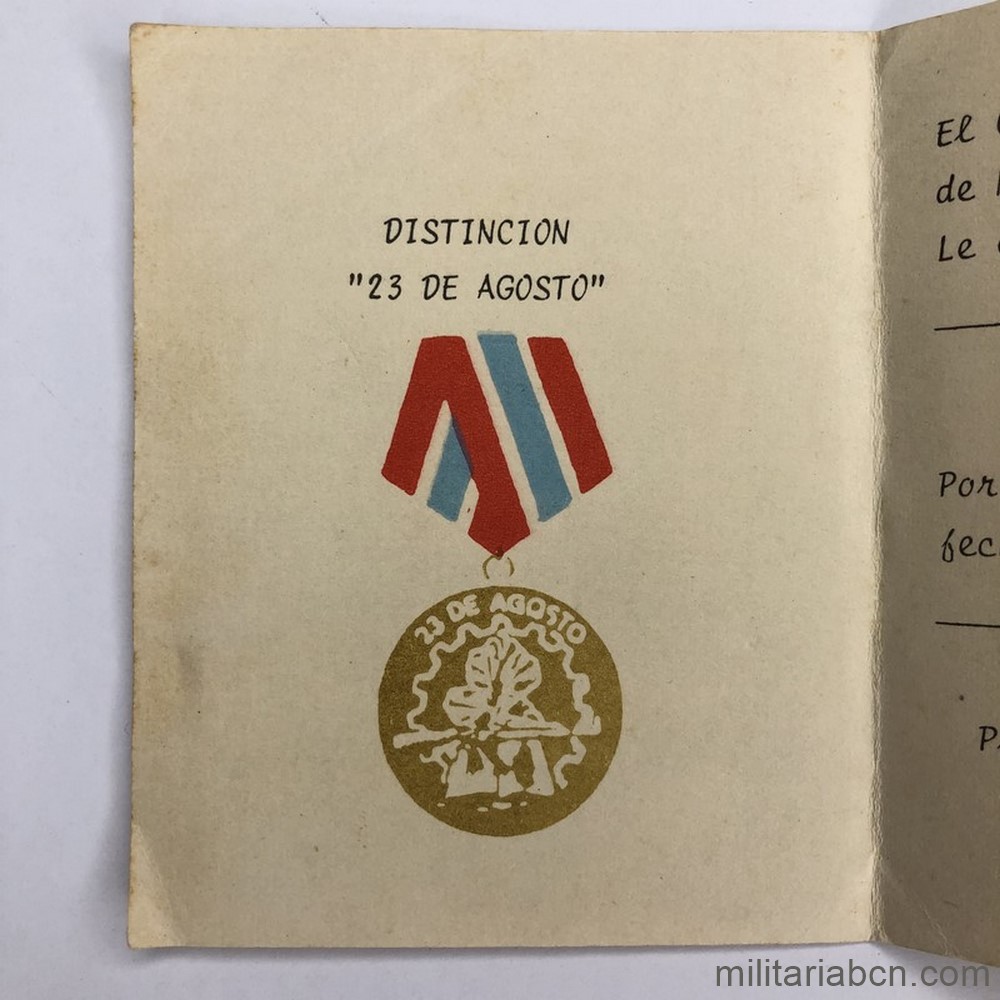 Cuba. Documento concesión de la Distinción 23 de Agosto