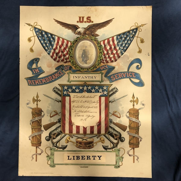 Cartel conmemorativo de un sargento de Infantería de los Estados Unidos caido en Francia en 1918