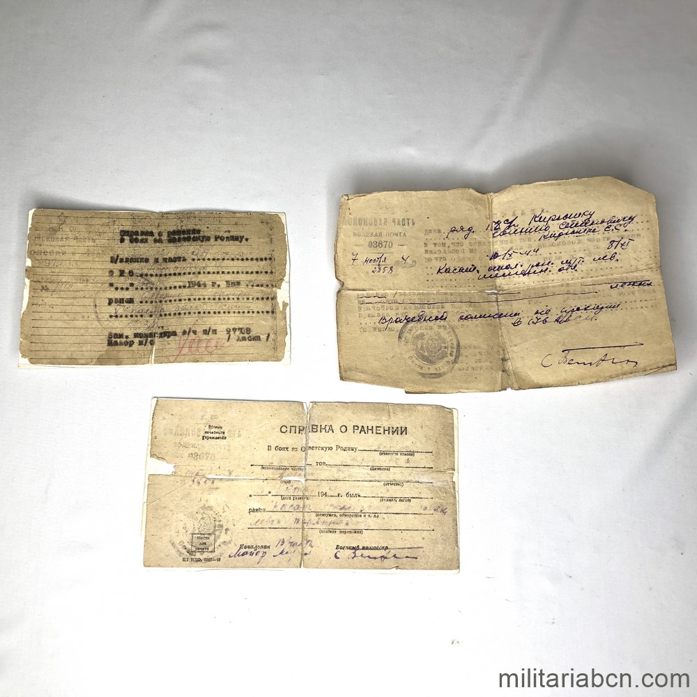 URSS Unión Soviética. Conjunto de 3 documentos certificando las heridas en combate en 1944