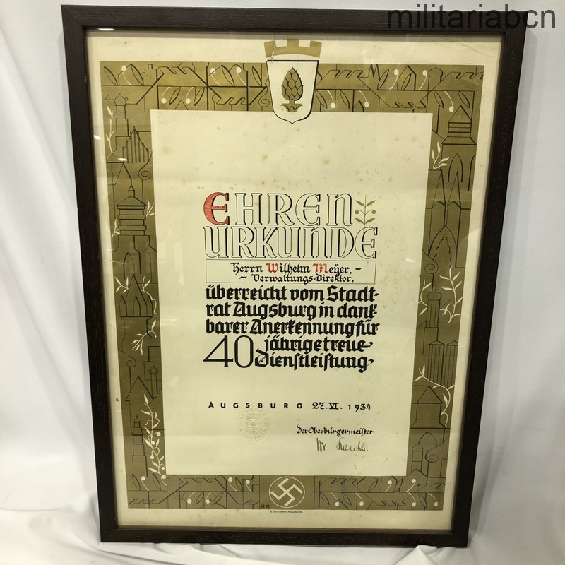 Alemania III Reich. Diploma de Concesión de la Medalla de Largo Servicio por 40 Años