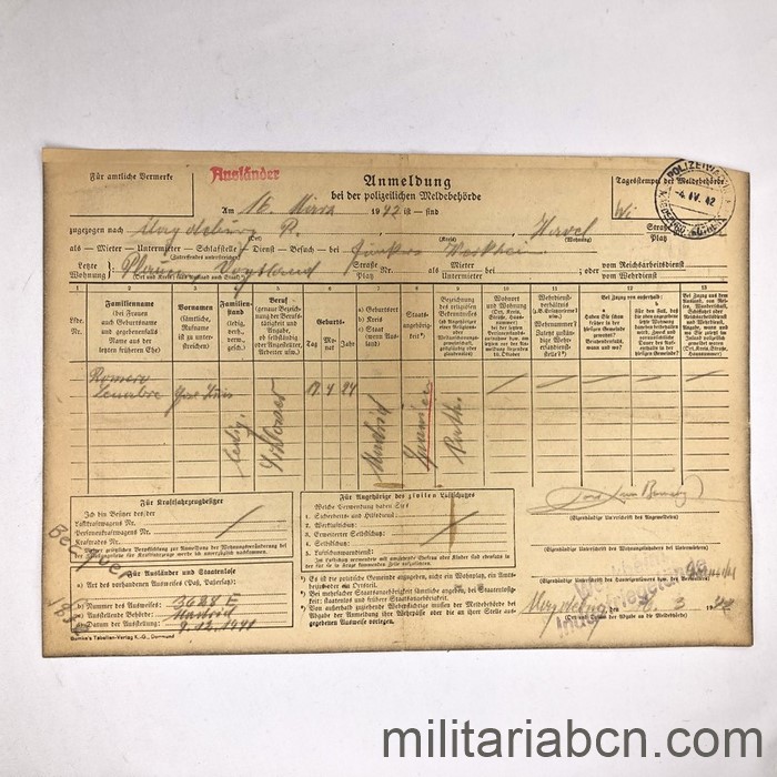 Alemania III Reich. Ficha del registro policial de un español en Alemania en 1942