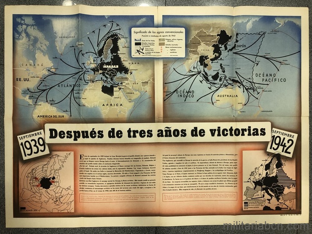 Cartel de propaganda alemán. Texto en castellano. 1939 Después de tres años de victorias 1942. 61 x 85'50 cm.