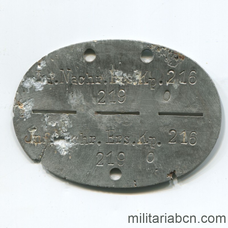 Chapa de identificación. Wehrmacht. Erkennungsmarke.  Inf. Nachrs Ers. Kp