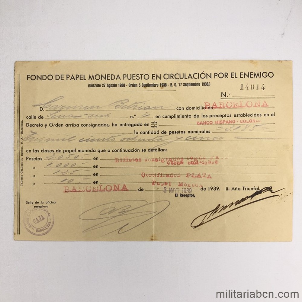 Documento de Fondo de Papel Moneda puesto en Circulación por el Enemigo. Barcelona Mayo 1939