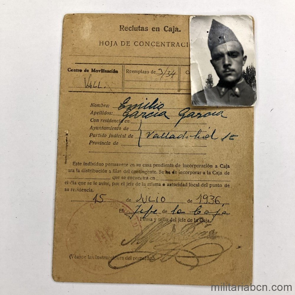 Hoja de Movilización de un soldado de Valladolid. 15 de Julio de 1936