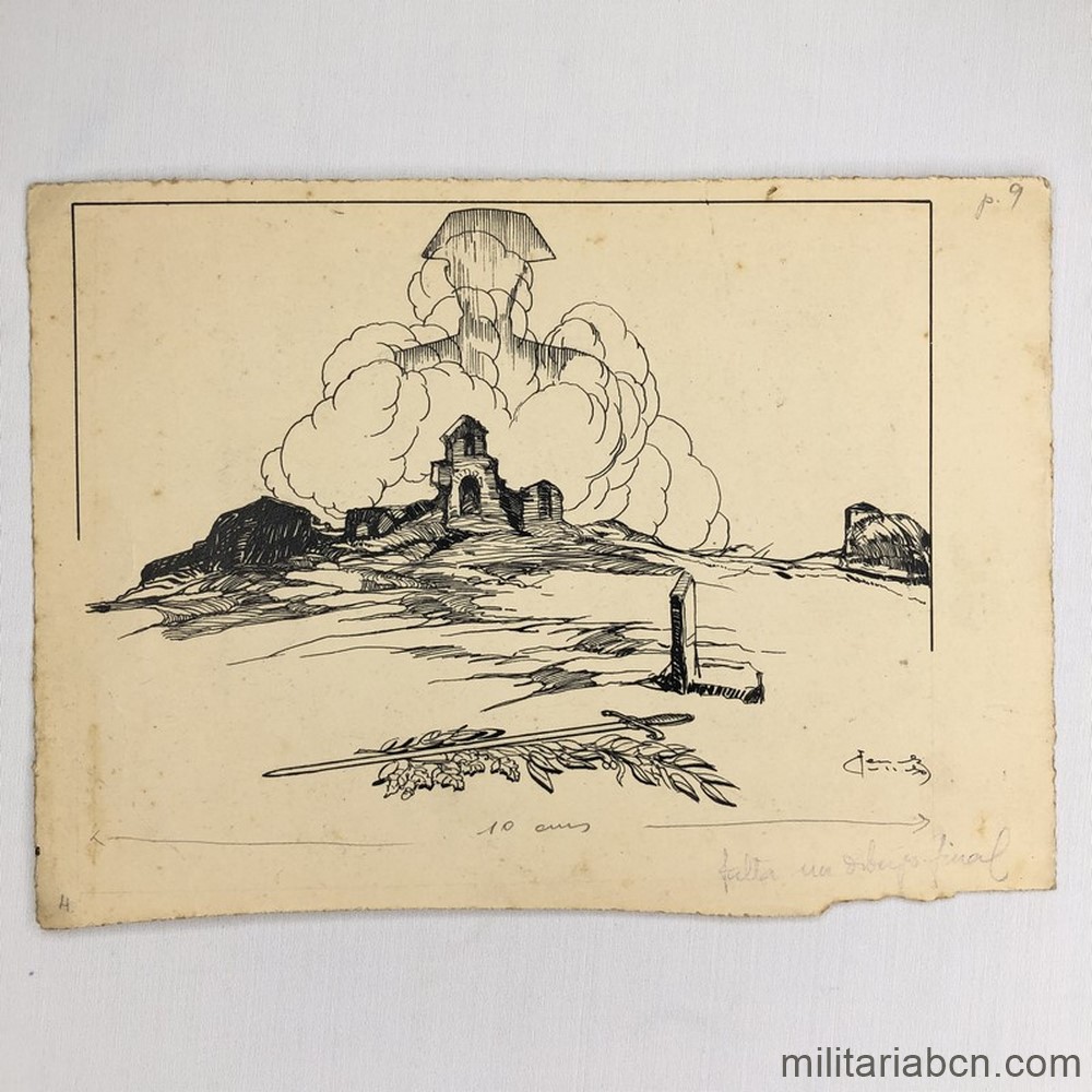 Dibujo original a tinta de Martínez Collado. Espíritu de la Guardia Civil. Guerra Civil Española