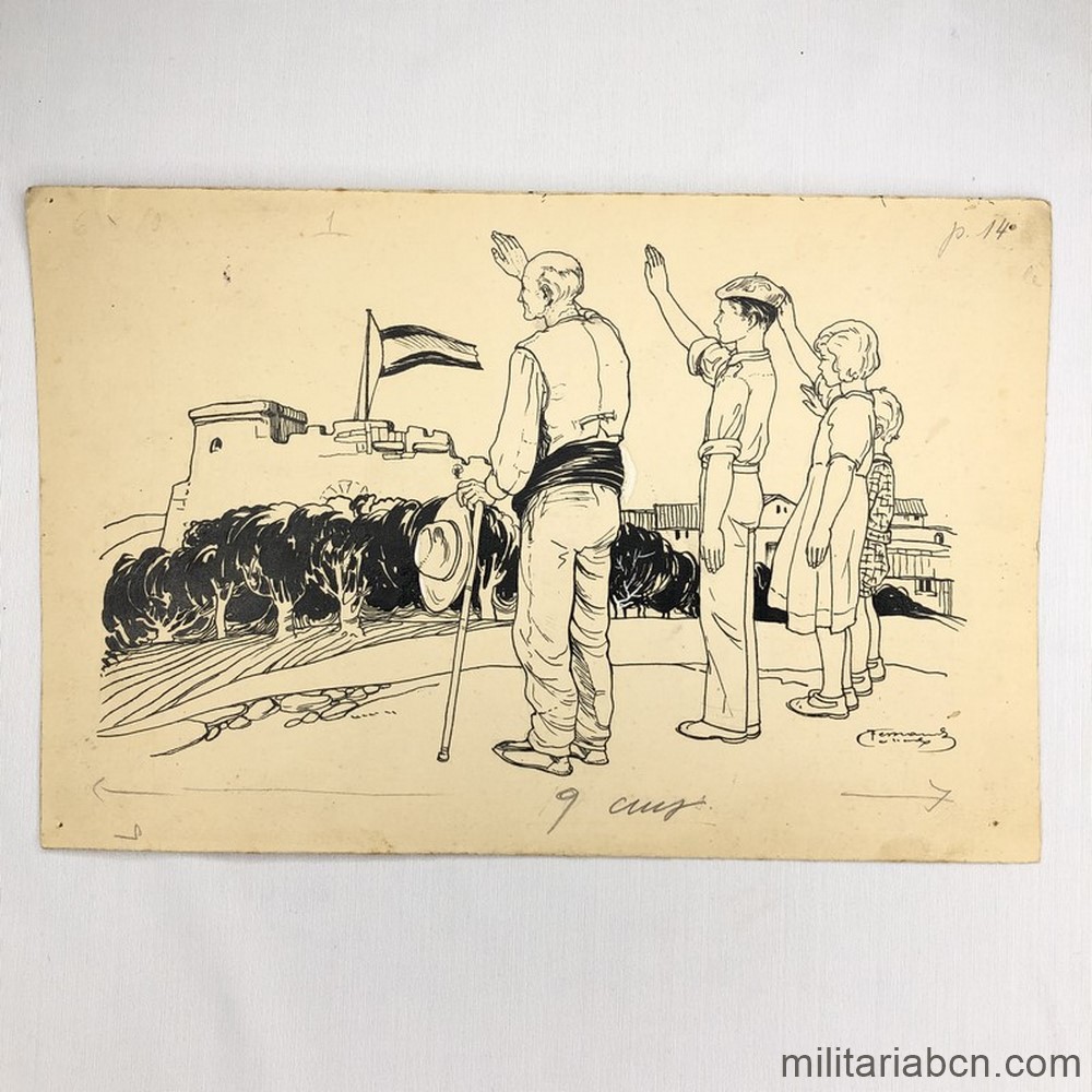 Dibujo original a tinta de Martínez Collado. Saludo a la Bandera. Período Guerra Civil