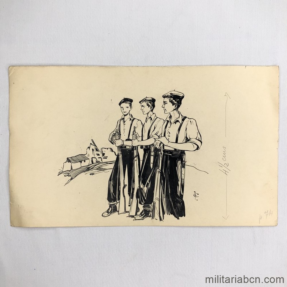 Dibujo original a tinta de Martínez Collado. Tres soldados. Período Guerra Civil