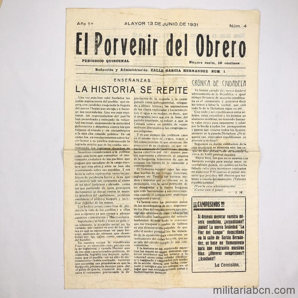 Periódico El Porvenir del Obrero. Alayor 13 de Junio de 1931. Periódico obrerista libertario