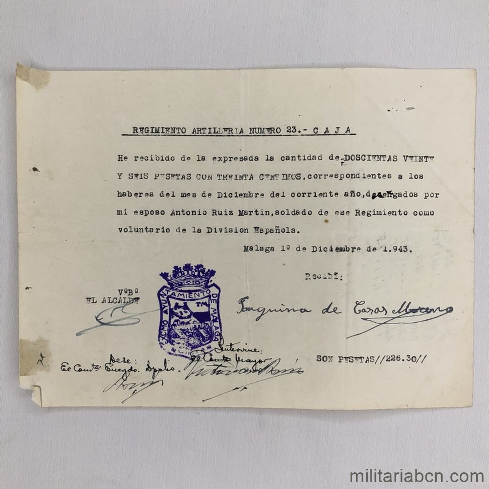 Recibo de pago de Haberes a un Voluntario de la División Azul. Regimiento de Artillería nº 23