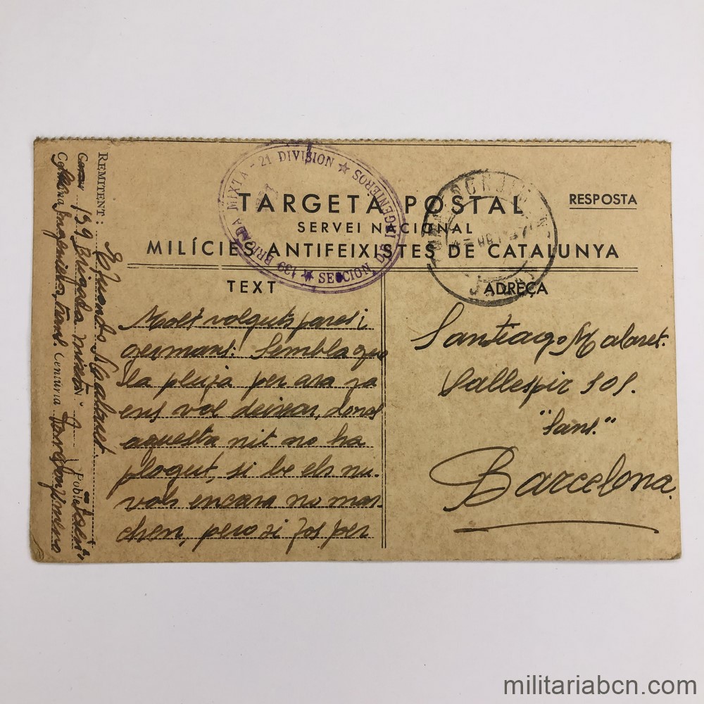Targeta Postal. Servei Nacional. Milícies Antifeixistes de Catalunya