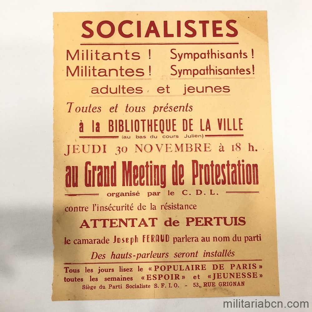 Cartel de la Resistencia Francesa denunciando el atentado de Pertuis. Segunda Guerra Mundial