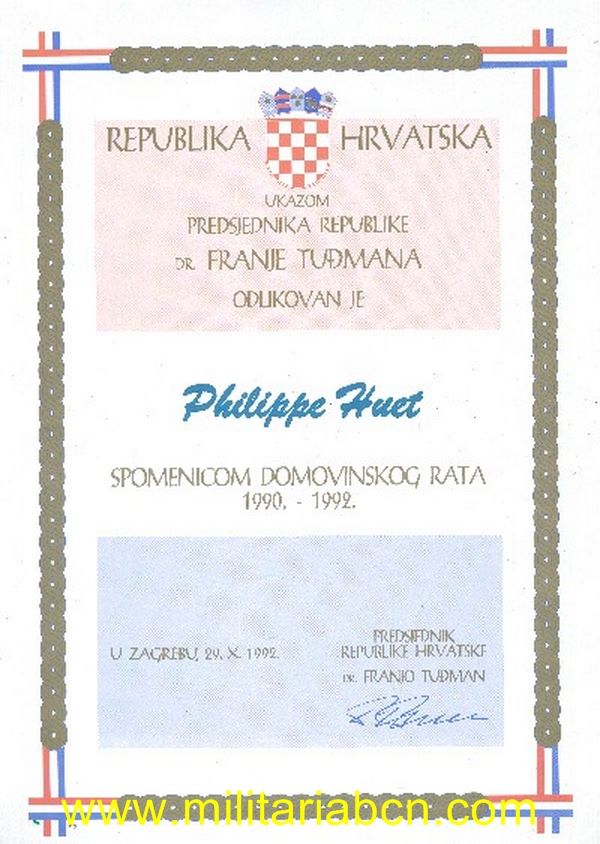 Medalla de la Guerra Nacional. Domovinskog Rata 1990-1992. Documento.de concesión a un francés.