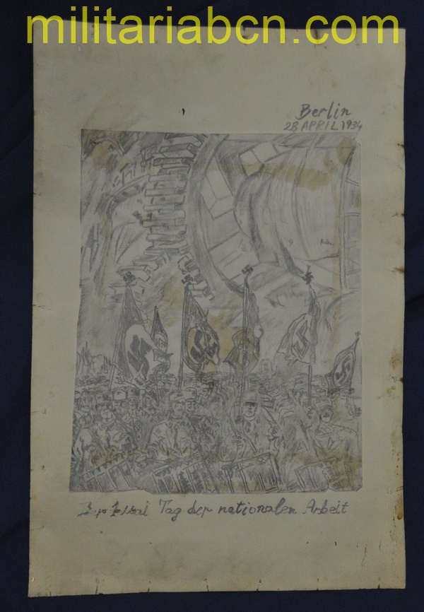 Dibujo original de la Marcha del 28 de Abril del 1938 en Berlín para el día Nacional del Trabajo.  Dibujo a lápiz.   20 x 25 sobre 26 x 39 cm.