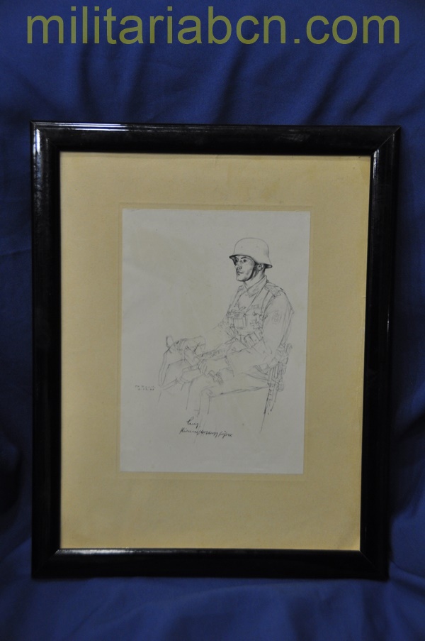 Dibujo original de un soldado de la Wehrmacht. Fechado en 1940. 150 x 210 mm.