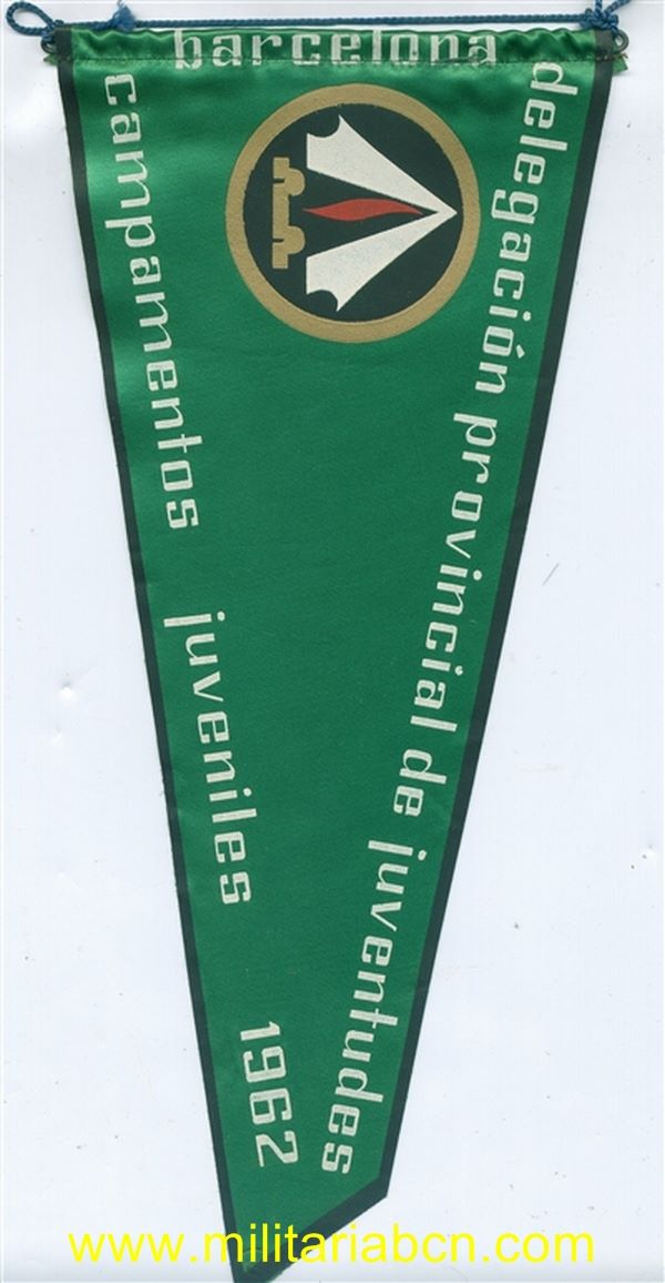 Banderín Delegación Provincial de Juventudes. Barcelona. Campamentos Juveniles. Años 60.