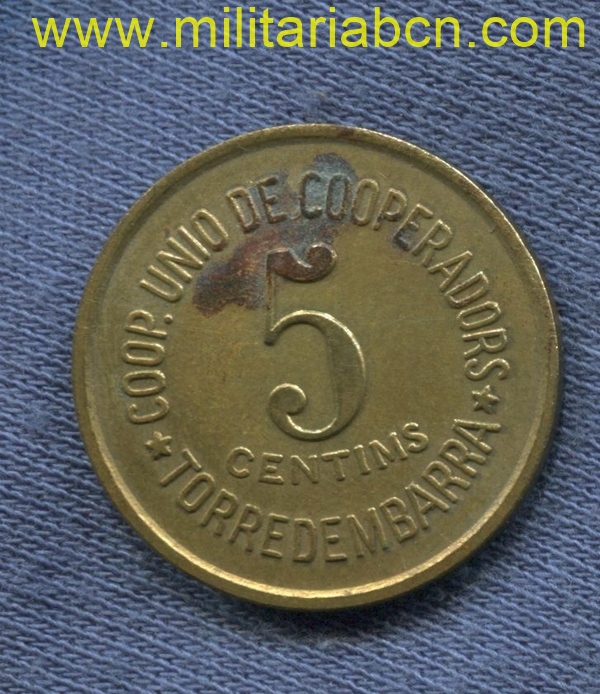 Moneda de 5 céntimos. Coop. Unió de Cooperadors. Torredembarra. Guerra Civil Española.