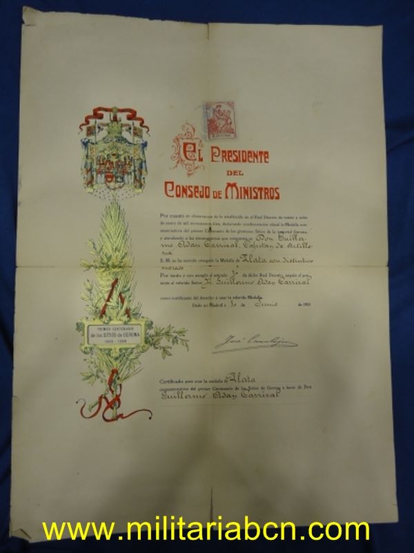 Concesión de la Medalla de Plata con Distintivo Morado del Centenario de los Sitios de Girona. 1809-1909.