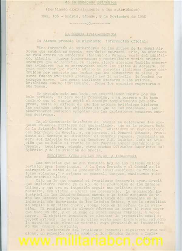 Boletín de Información de la Embajada Británica. Destinado exclusivamente a las Autoridades. Nº 106 Madrid. 9 de noviembre de 1940. 3 páginas.