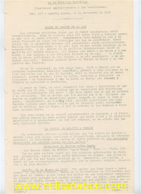 Boletín de Información de la Embajada Británica. Destinado exclusivamente a las Autoridades. Nº 107 Madrid. 11 de noviembre de 1940. 3 páginas.