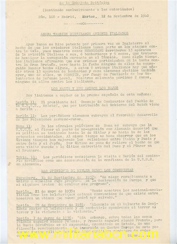 Boletín de Información de la Embajada Británica. Destinado exclusivamente a las Autoridades. Nº 108 Madrid. 12 de noviembre de 1940. 3 páginas.