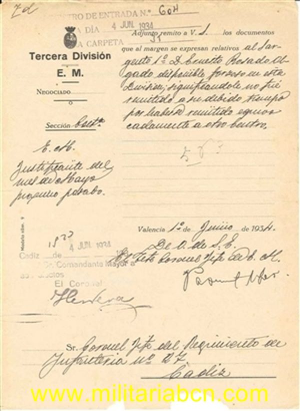 Escrito Militar. Tercera División E.M. 1934