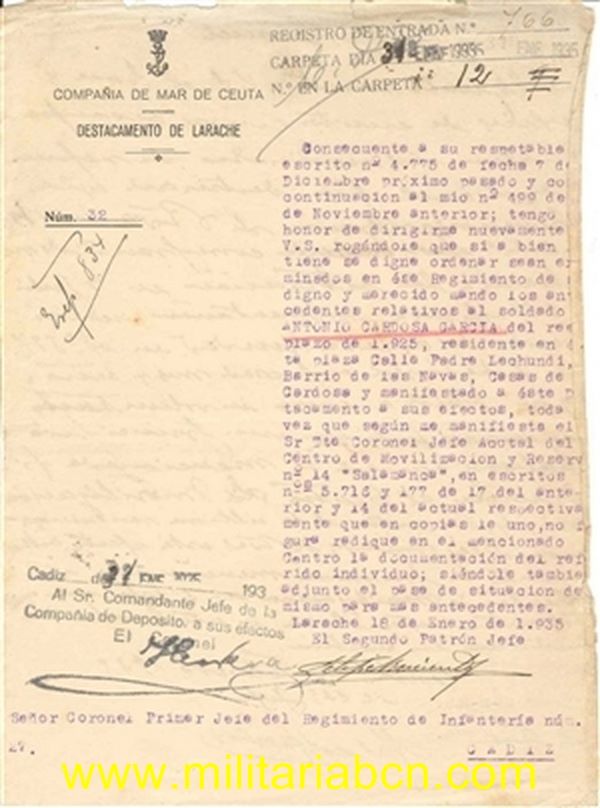 Escrito Militar. Compañía de Mar. Ceuta. Destacamento de Larache. 1935