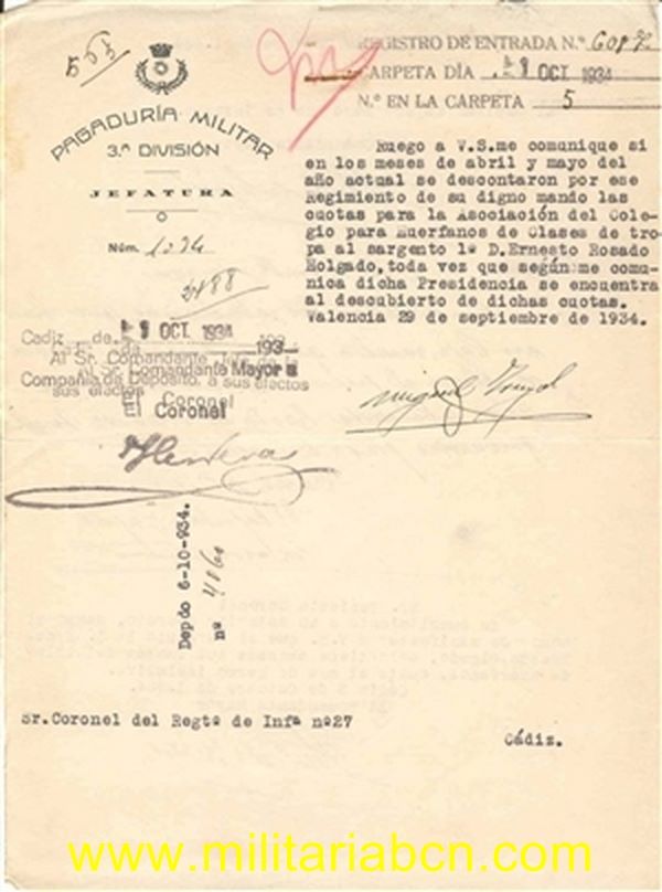 Escrito Militar. Pagaduría Militar 3ª División. Fefatura. 1934