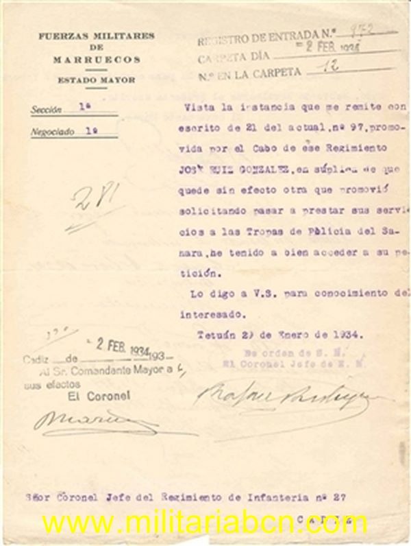 Escrito Militar. Fuerzas Militares de Marruecos. Estado Mayor. 1934